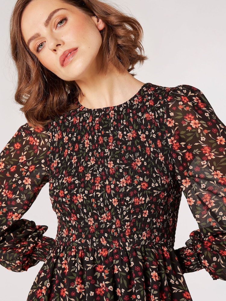 Apricot Red Autumnal Ditsy Smocked Neck Dress - Image 4 of 4