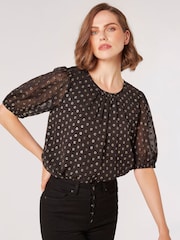 Apricot Black Foil Spot Puff Sleeve Pleat Detail Top - Image 1 of 4