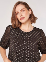 Apricot Black Foil Spot Puff Sleeve Pleat Detail Top - Image 2 of 4