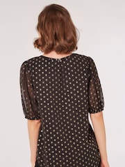 Apricot Black Foil Spot Puff Sleeve Pleat Detail Top - Image 3 of 4