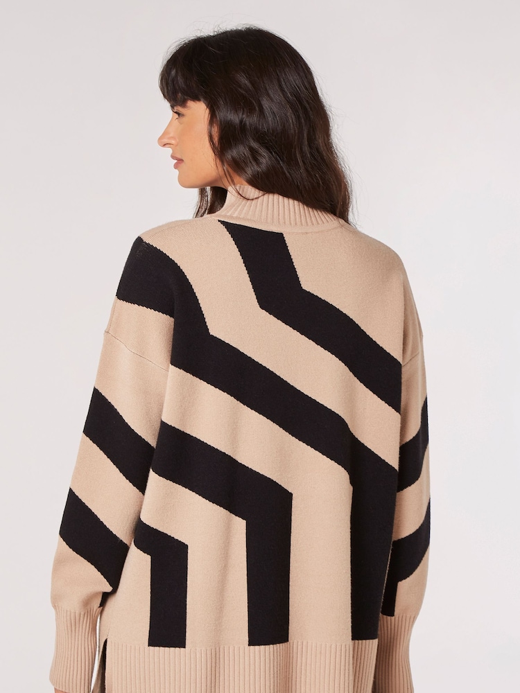 Apricot Natural Oversized Step Stripe Mock Neck Jumper - Image 2 of 4 Apricot Natural Oversized Step Stripe Mock Neck Jumper - Image 2 of 4