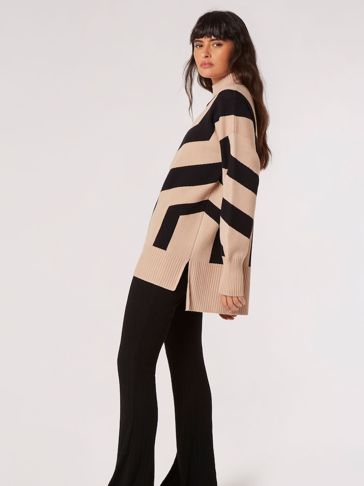Apricot Natural Oversized Step Stripe Mock Neck Jumper - Image 4 of 4 Apricot Natural Oversized Step Stripe Mock Neck Jumper - Image 4 of 4