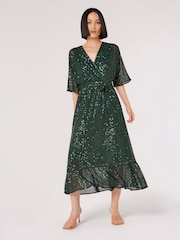 Apricot Green Sequin Lines Kimono Midi Dress - Image 1 of 4