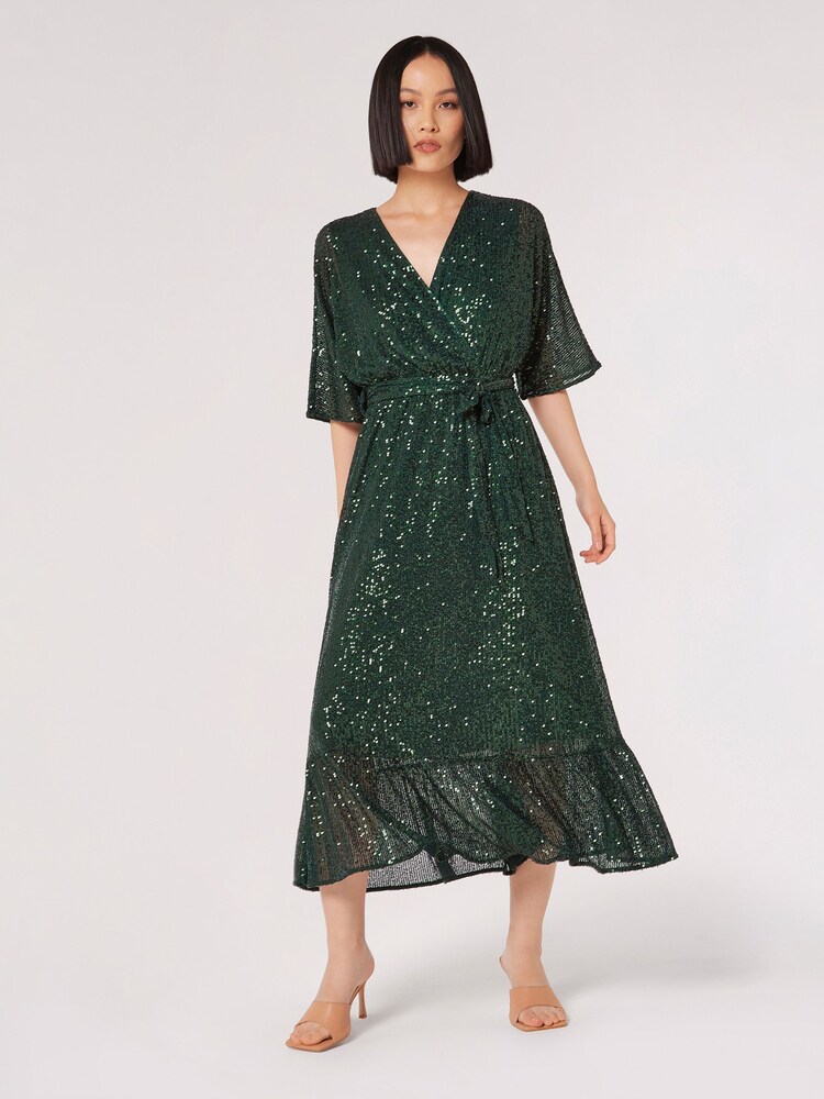 Apricot Green Sequin Lines Kimono Midi Dress - Image 1 of 4