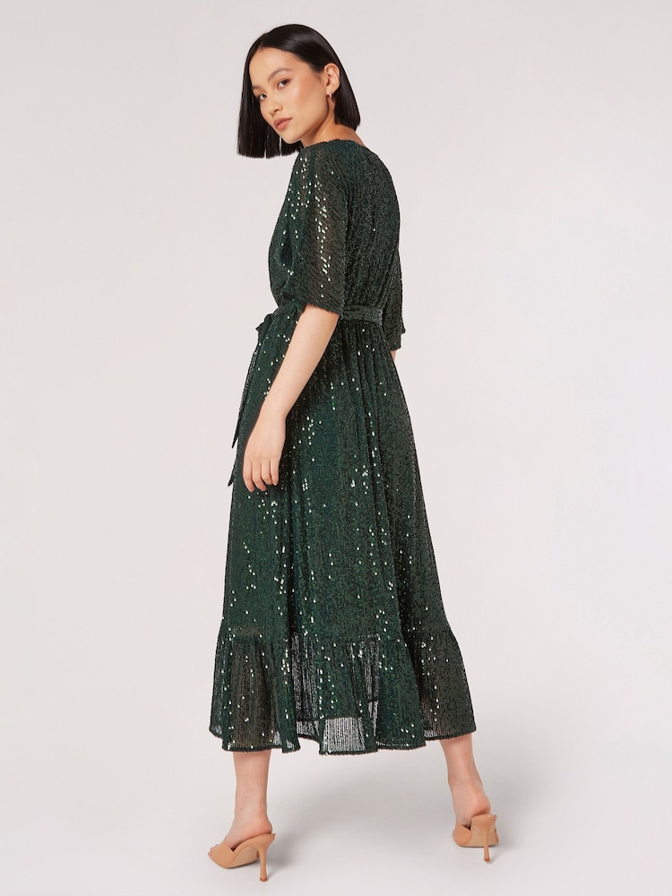 Apricot Green Sequin Lines Kimono Midi Dress - Image 2 of 4