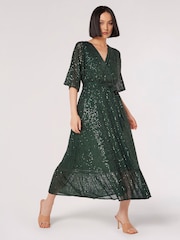 Apricot Green Sequin Lines Kimono Midi Dress - Image 3 of 4