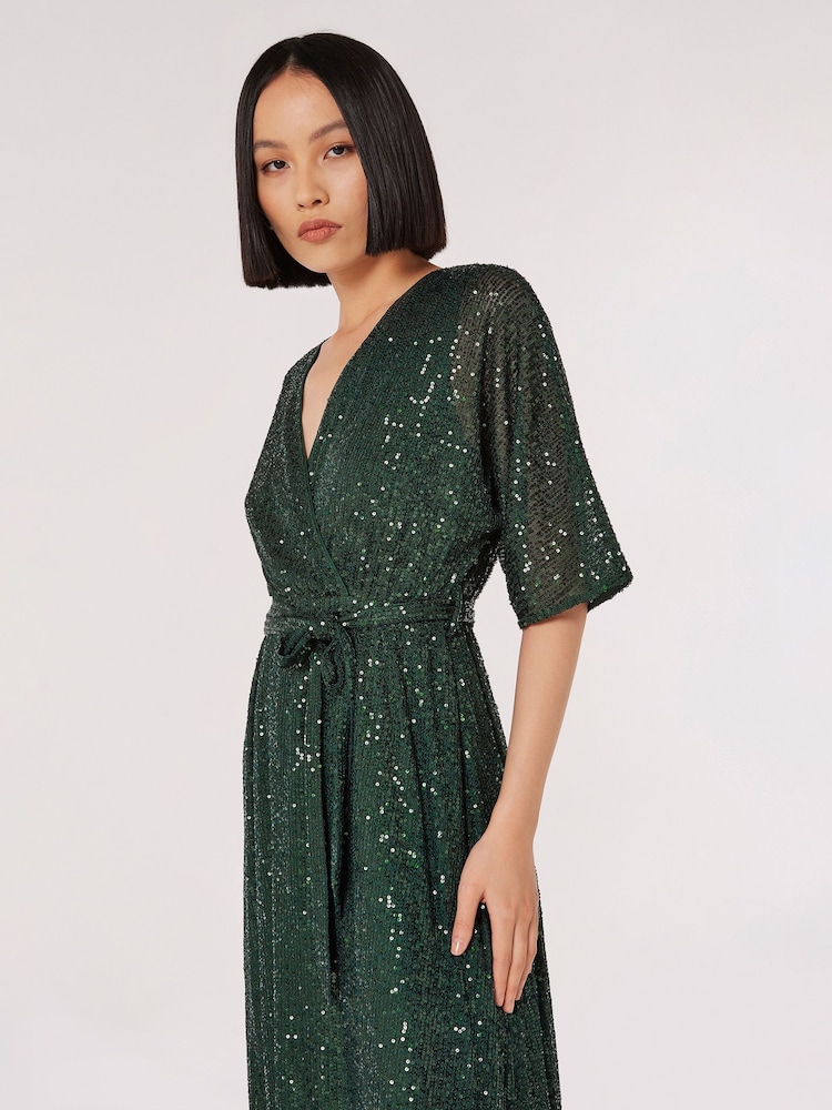 Apricot Green Sequin Lines Kimono Midi Dress - Image 4 of 4