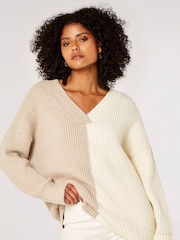 Apricot Cream V-Neck 2 Tone Ribbed Oversized Jumper - Image 2 of 5
