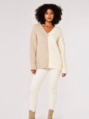 Apricot Cream V-Neck 2 Tone Ribbed Oversized Jumper - Image 4 of 5
