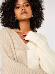 Apricot Cream V-Neck 2 Tone Ribbed Oversized Jumper - Image 5 of 5