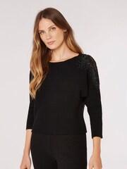 Apricot Black Shoulder Studs Lace Batwing Jumper - Image 1 of 4