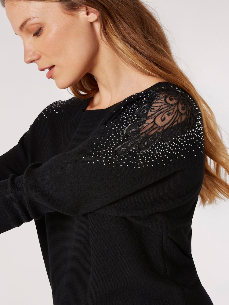 Apricot Black Shoulder Studs Lace Batwing Jumper - Image 4 of 4
