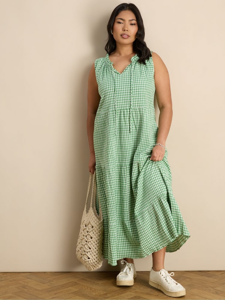 Live Unlimited Green Gingham Maxi Tiered Sleeveless Cotton Dress - Image 1 of 6 Live Unlimited Green Gingham Maxi Tiered Sleeveless Cotton Dress - Image 1 of 6