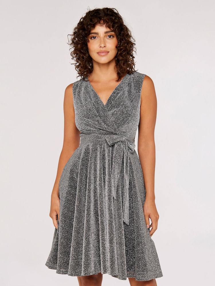 Apricot Silver Pleat V-Neck Skater Dress - Image 1 of 5 Apricot Silver Pleat V-Neck Skater Dress - Image 1 of 5