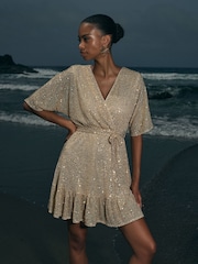 Apricot Natural Sequin Lines Kimono Wrap Dress - Image 1 of 5