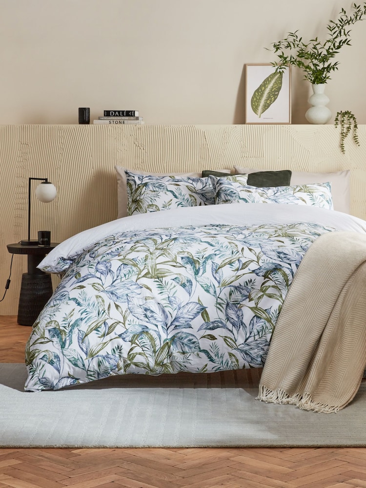 Green/Blue Tropical Leaf 100% Cotton Printed Duvet Cover and Pillowcase Set - Image 1 of 7 Green/Blue Tropical Leaf 100% Cotton Printed Duvet Cover and Pillowcase Set - Image 1 of 7