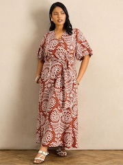 Live Unlimited Orange Print Linen Puff Sleeve Dress - Image 1 of 5