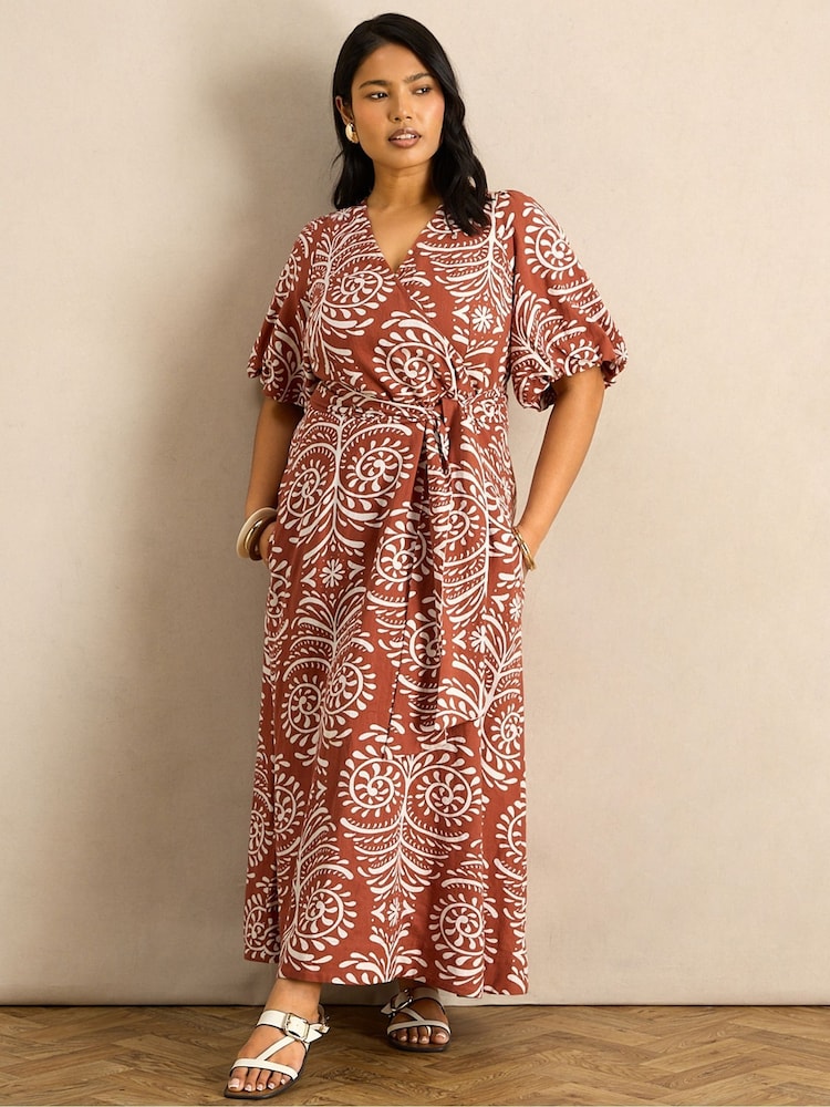 Live Unlimited Orange Print Linen Puff Sleeve Dress - Image 1 of 5