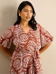 Live Unlimited Orange Print Linen Puff Sleeve Dress - Image 2 of 5