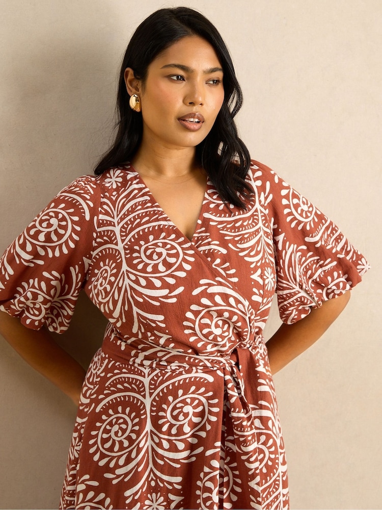 Live Unlimited Orange Print Linen Puff Sleeve Dress - Image 2 of 5