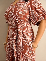 Live Unlimited Orange Print Linen Puff Sleeve Dress - Image 3 of 5