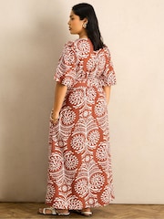 Live Unlimited Orange Print Linen Puff Sleeve Dress - Image 4 of 5