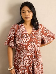 Live Unlimited Orange Print Linen Puff Sleeve Dress - Image 5 of 5