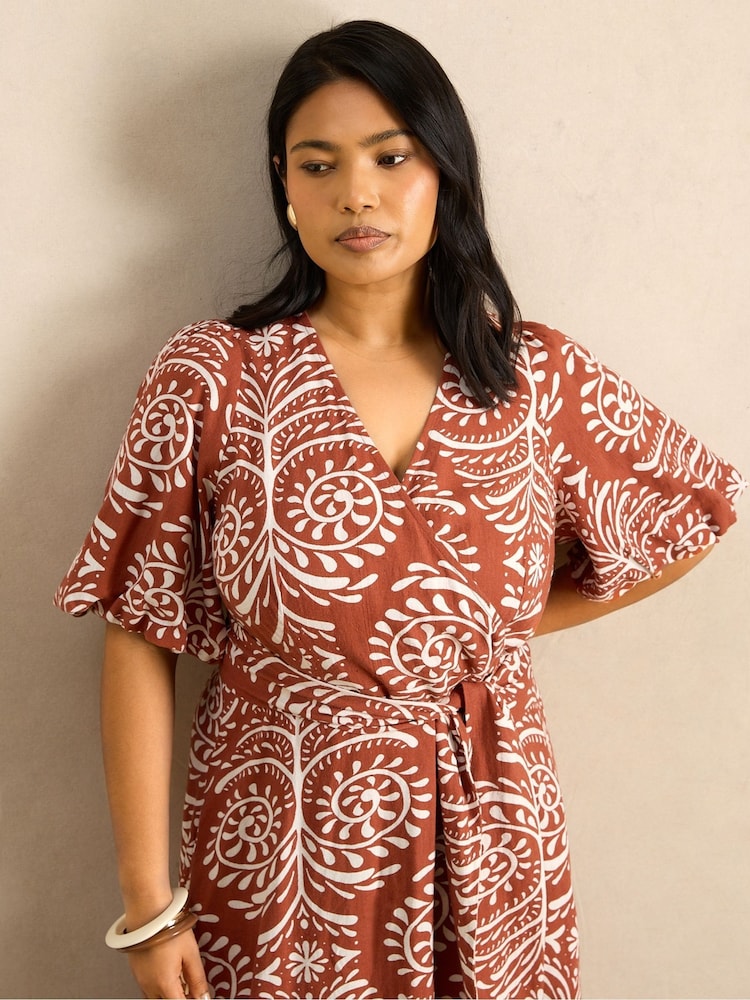 Live Unlimited Orange Print Linen Puff Sleeve Dress - Image 5 of 5