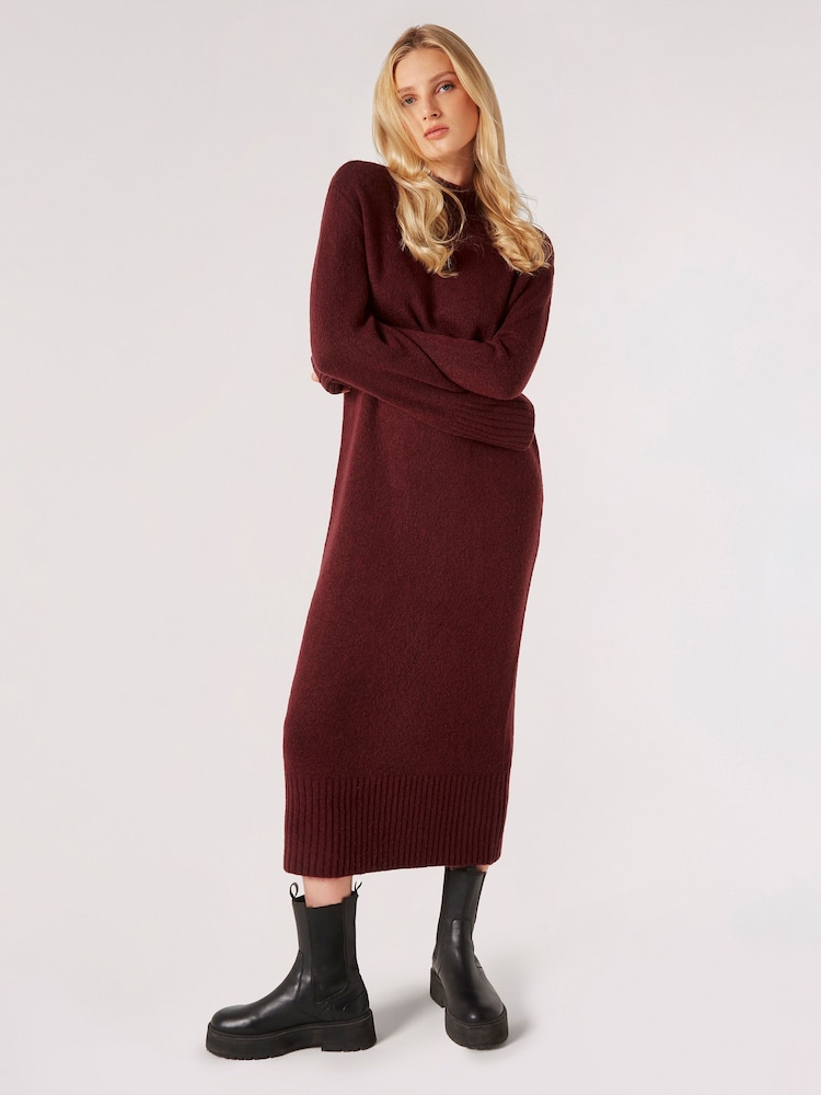 Apricot Red Chunky Knit High Neck Midi Dress - Image 1 of 5