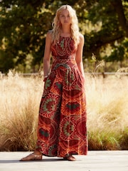 Rust Orange Print Shirred Jumpsuit - Image 1 of 7