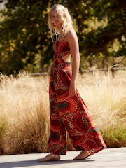 Rust Orange Print Shirred Jumpsuit - Image 2 of 7