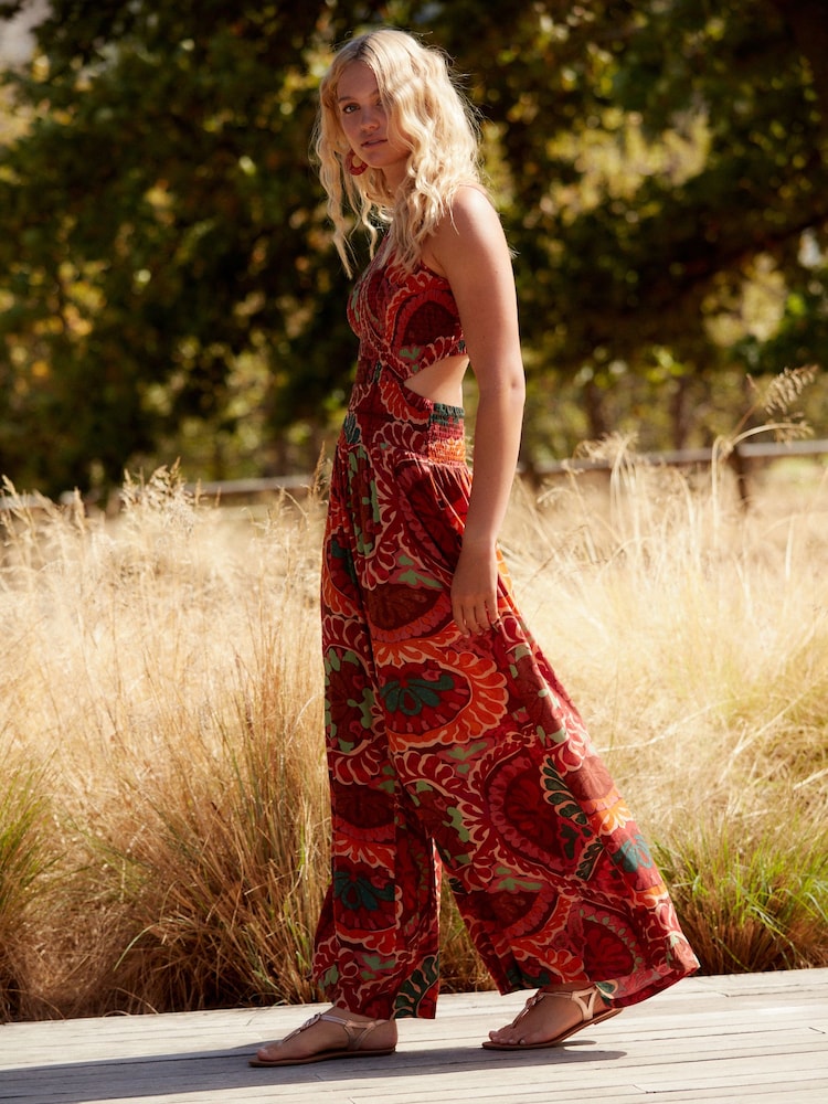 Rust Orange Print Shirred Jumpsuit - Image 2 of 7