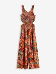 Rust Orange Print Shirred Jumpsuit - Image 6 of 7