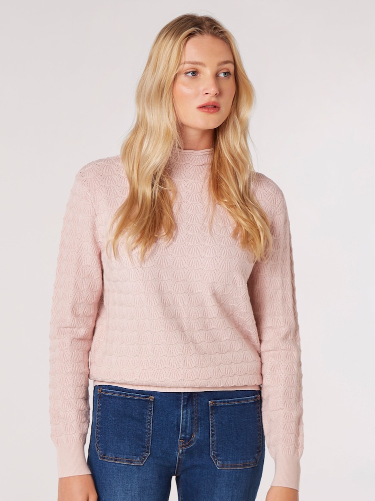 Apricot Pink Scallop Mock Neck Pointelle Jumper - Image 1 of 4 Apricot Pink Scallop Mock Neck Pointelle Jumper - Image 1 of 4