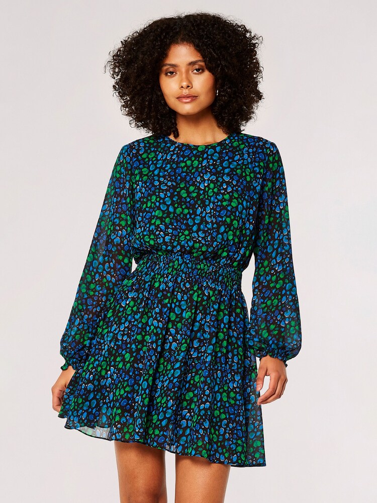 Apricot Blue Graphic Animal Chiffon Long Sleeve Dress - Image 1 of 4