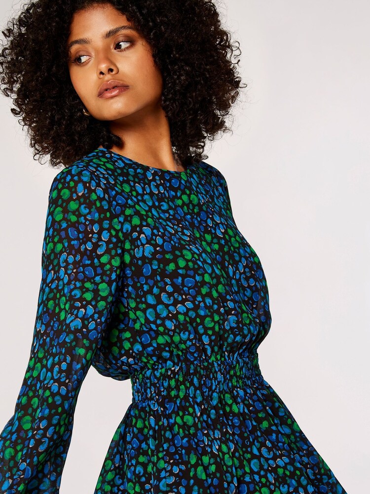 Apricot Blue Graphic Animal Chiffon Long Sleeve Dress - Image 2 of 4