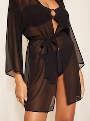 Schwarz - Friends Like These Kimono-Mini-Kaftan mit Gürtel - Bild 3 von 4