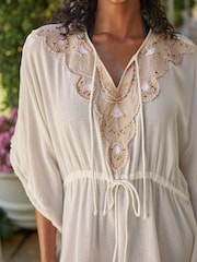 Friends Like These Neutral Open Neck Draw String Waist Kaftan - Image 3 of 4