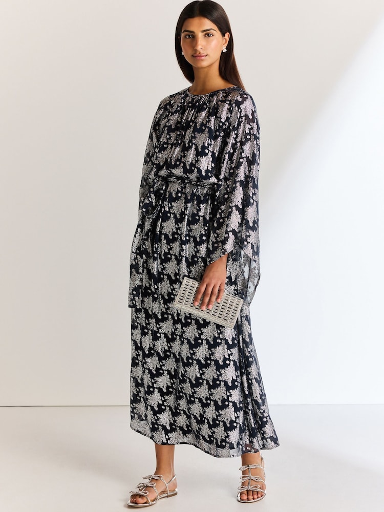 Navy Occasion Metallic Long Sleeve Dress - Image 1 of 6
