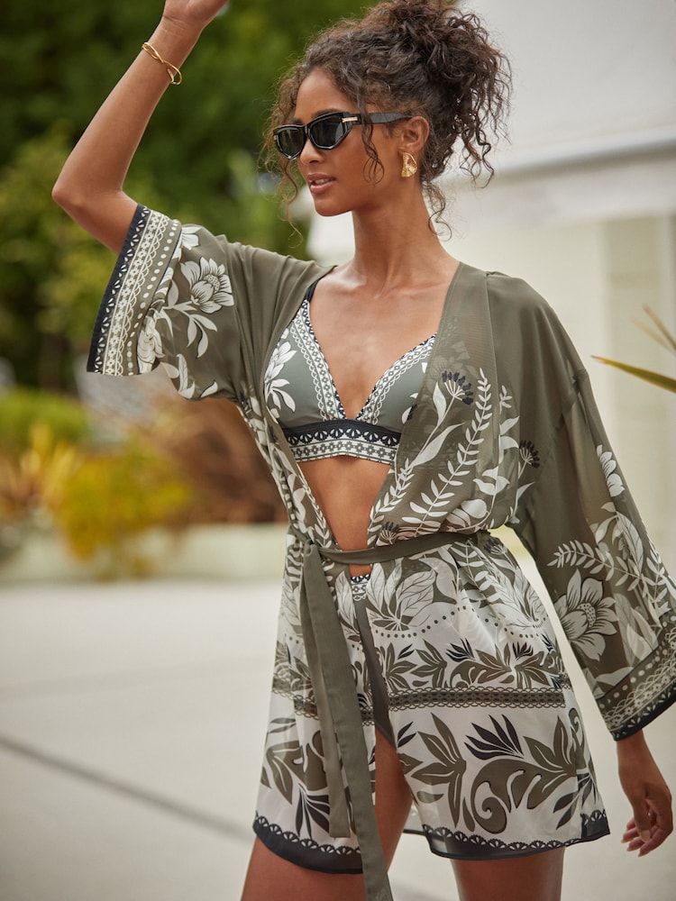 Friends Like These Khaki Green Kimono Mini Kaftan With Belted Belt - Image 1 of 4