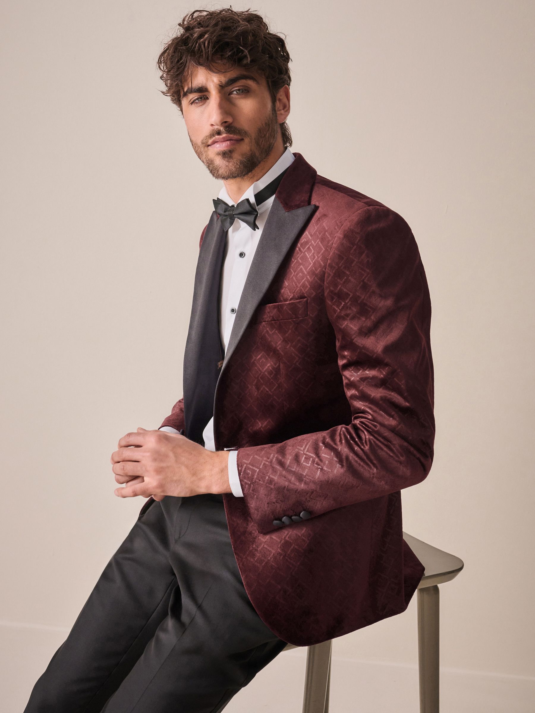 Burgundy Red Slim Fit Patterned Velvet Blazer