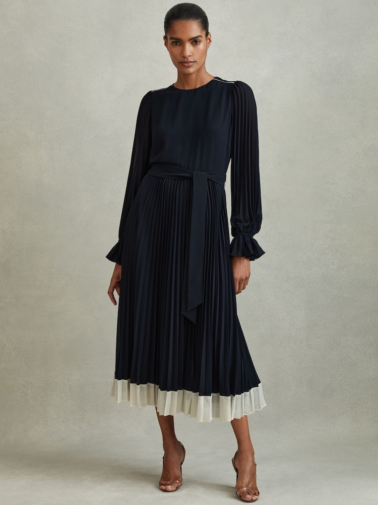 Reiss Navy/Cream Priya Pleated Belted Midi Dress - Image 1 of 6