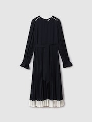 Reiss Navy/Cream Priya Pleated Belted Midi Dress - Image 2 of 6