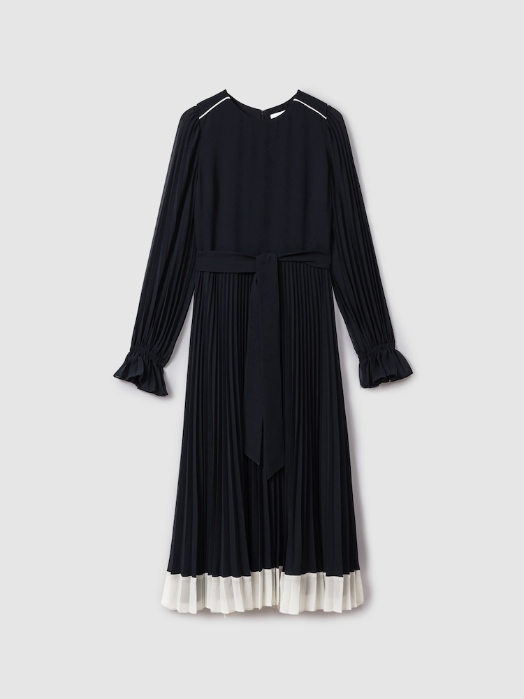 Reiss Navy/Cream Priya Pleated Belted Midi Dress - Image 2 of 6