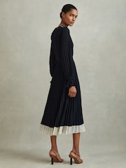 Reiss Navy/Cream Priya Pleated Belted Midi Dress - Image 4 of 6
