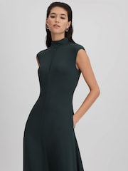 Reiss Dark Green Libby Fitted Asymmetric Midi Dress - Image 3 of 7