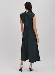 Reiss Dark Green Libby Fitted Asymmetric Midi Dress - Image 5 of 7