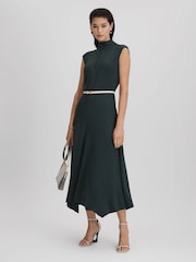 Reiss Dark Green Libby Fitted Asymmetric Midi Dress - Image 6 of 7