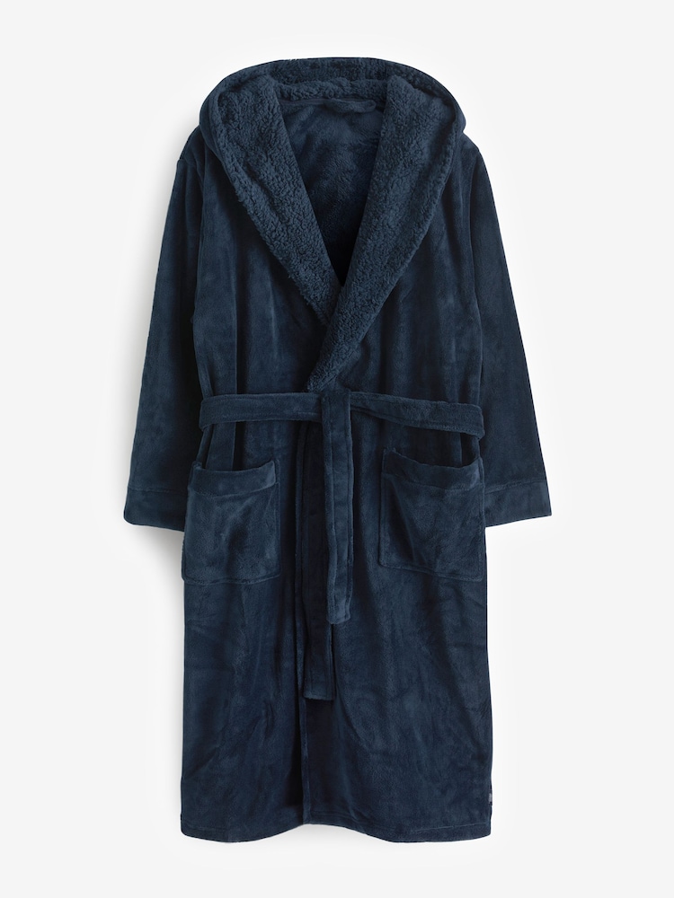 Chelsea Peers Blue Mens Fluffy Hooded Dressing Gown - Image 6 of 6