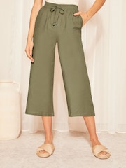 Friends Like These Khaki Green Petite Cropped Wide Leg Culottes With Linen - Image 1 of 4